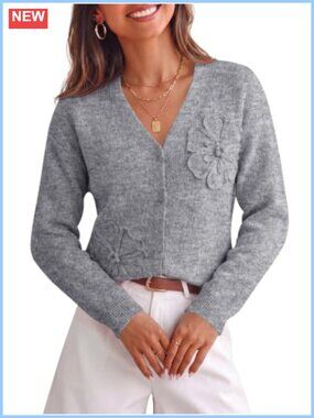 Womens Lightweight V Neck Cardigan Sweater Floral Embroidery Fall Layering